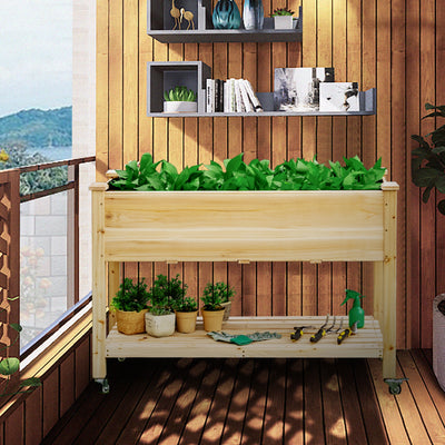 Wood Elevated Planter Bed with Lockable Wheels Shelf and LinerÂ 
