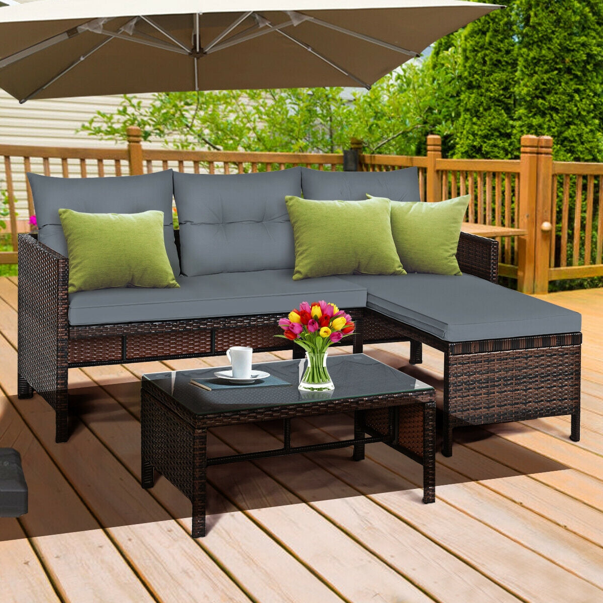 3 Pieces Patio Wicker Rattan Sofa Set-Gray