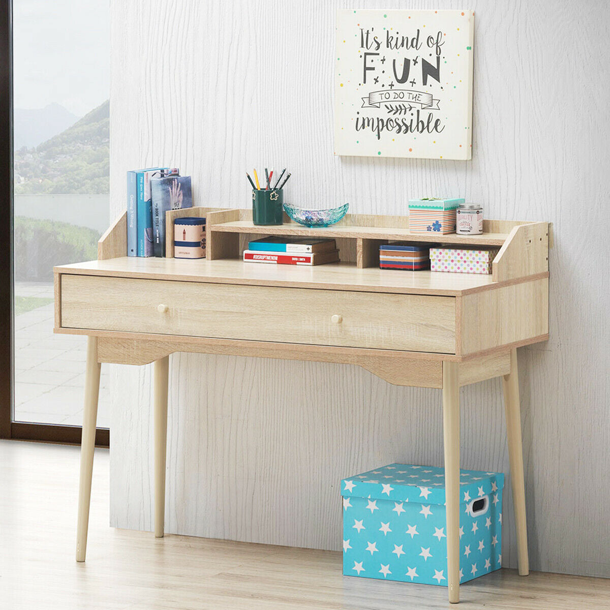 Writing Desk with Drawer Computer Wooden Desk-NaturalÂ 