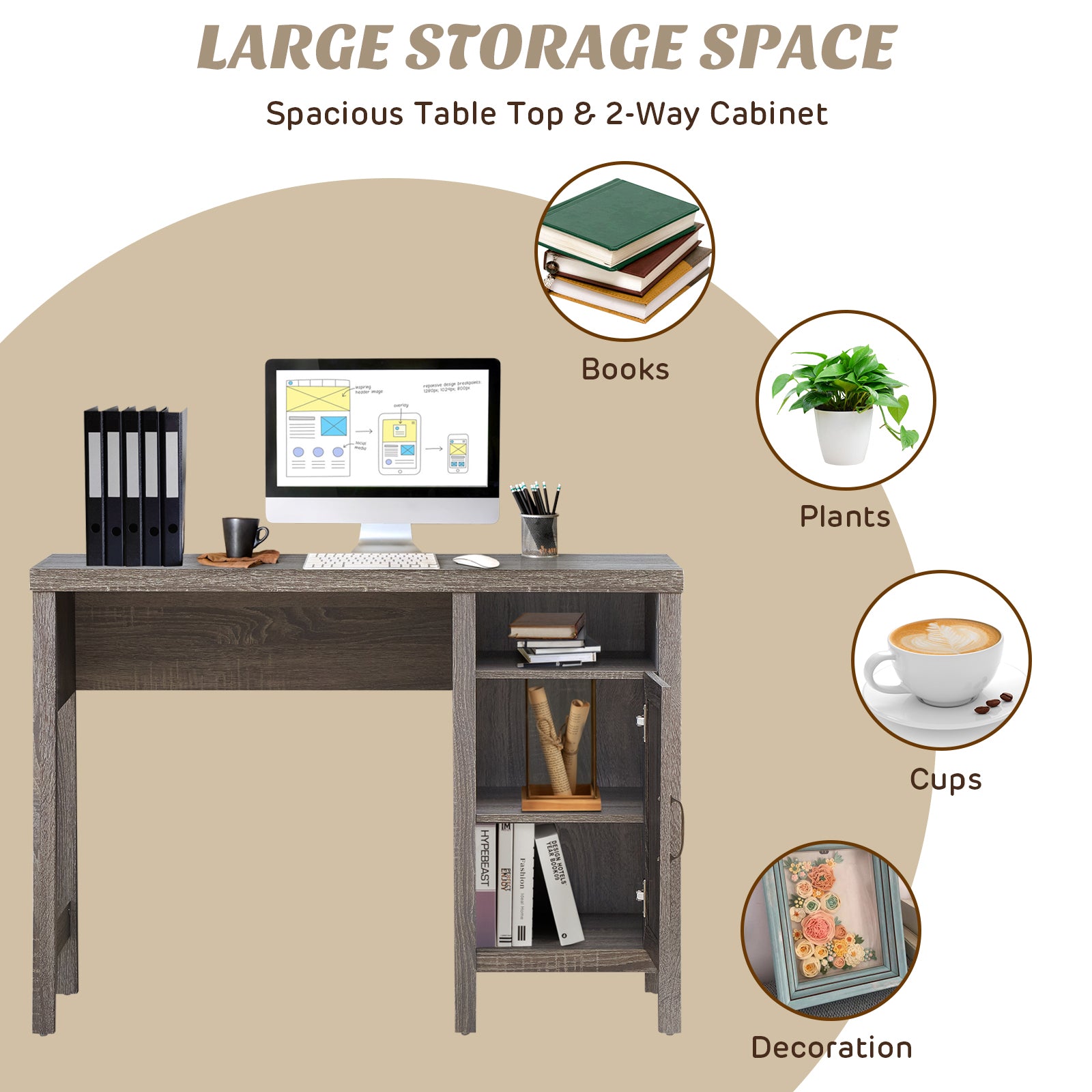 Rustic Computer Desk Writing Table Study Workstation with Storage Cabinet-GrayÂ 