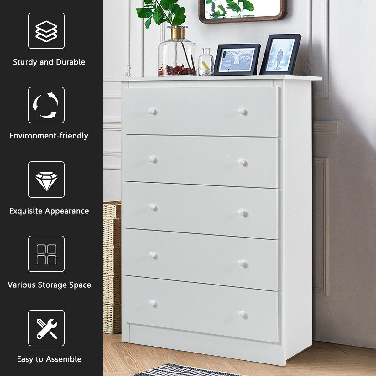 Functional Storage Organized Dresser with 5 Drawer-White