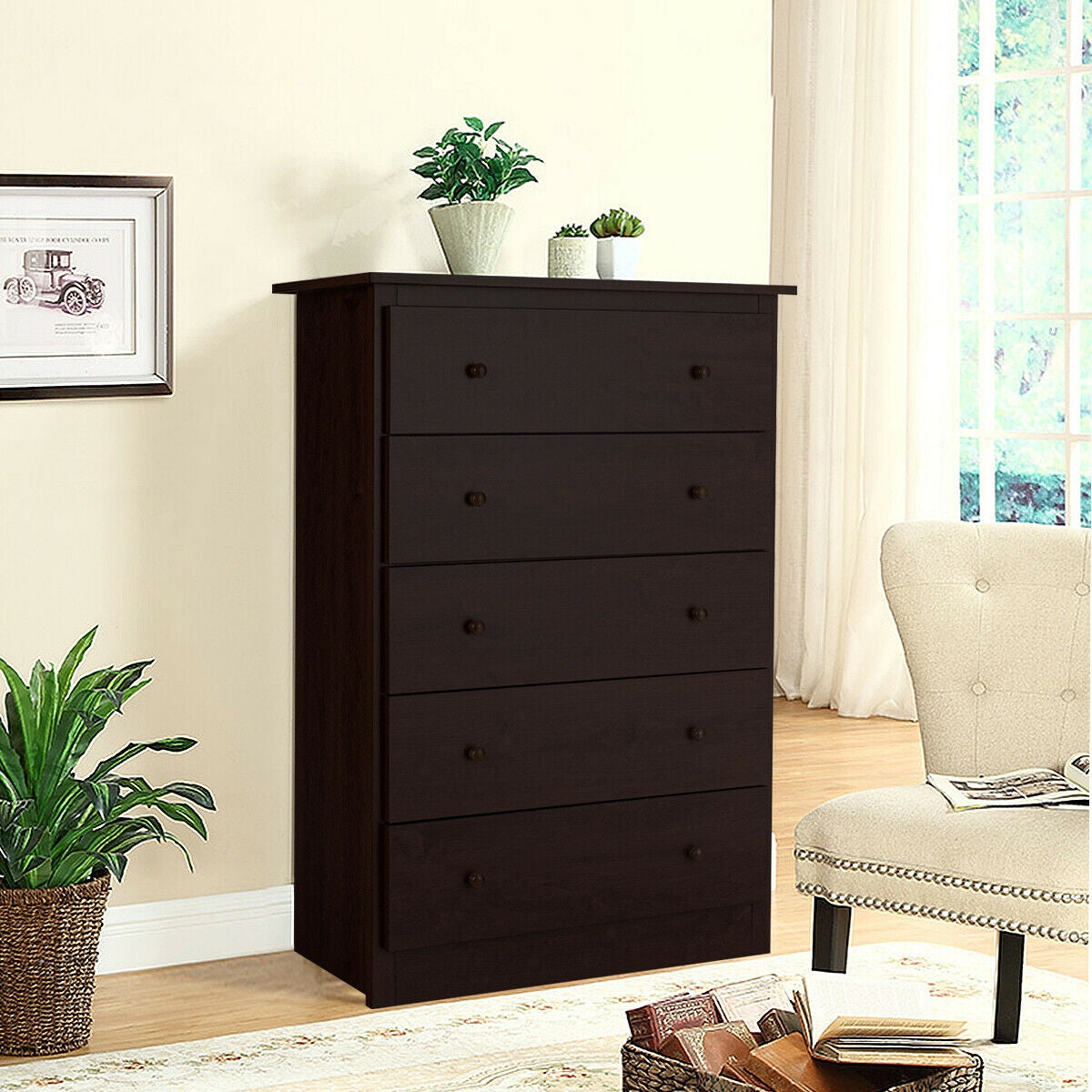 Functional Storage Organized Dresser with 5 Drawer-Dark Brown