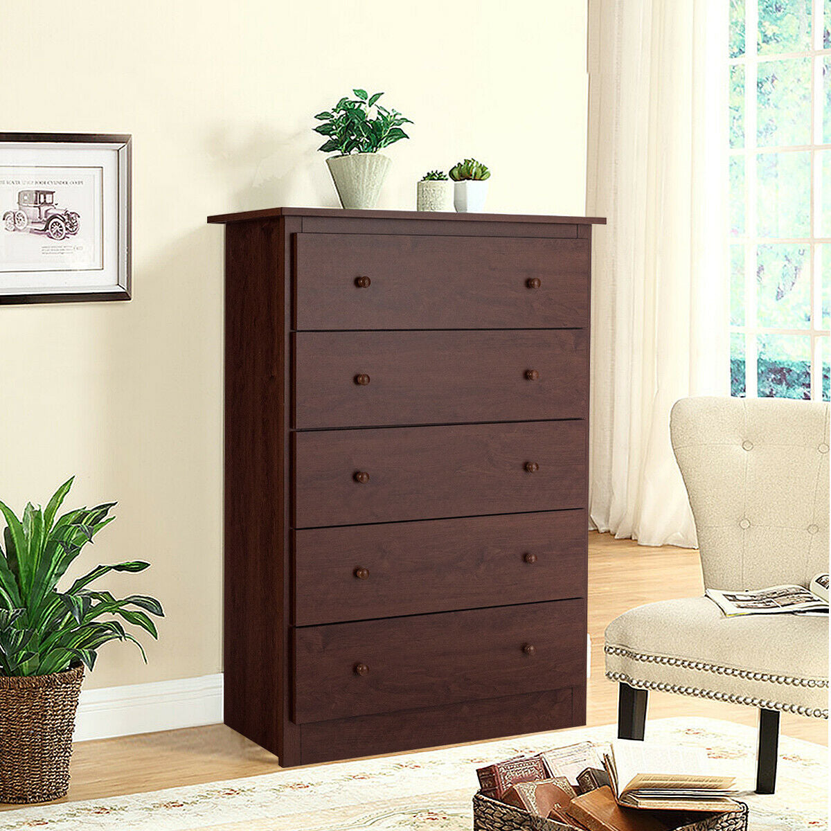 Functional Storage Organized Dresser with 5 Drawer-Brown