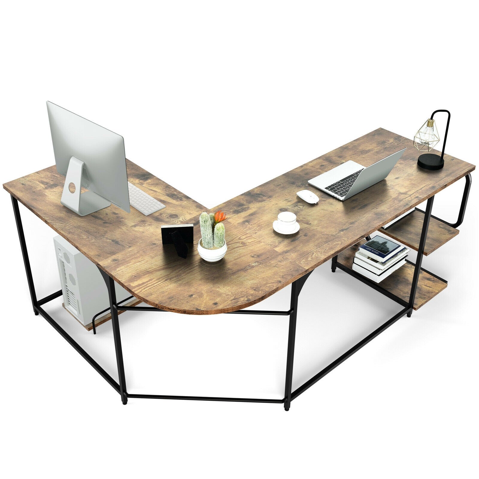 Reversible L-Shaped Computer Study Table with Shelves-Rustic Brown