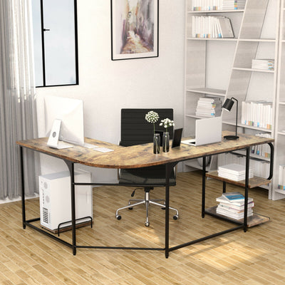 Reversible L-Shaped Computer Study Table with Shelves-Rustic BrownÂ 