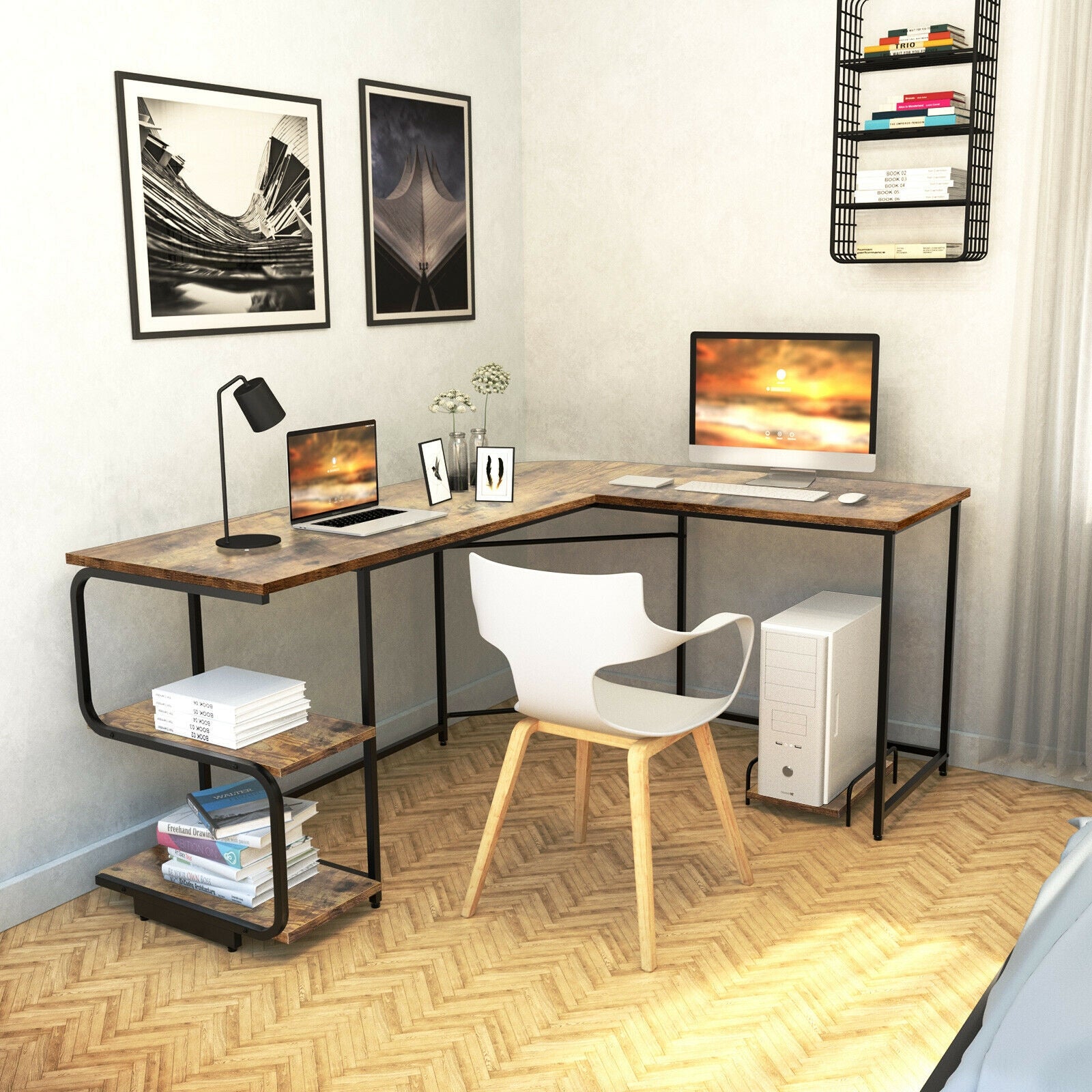 Reversible L-Shaped Computer Study Table with Shelves-Rustic Brown