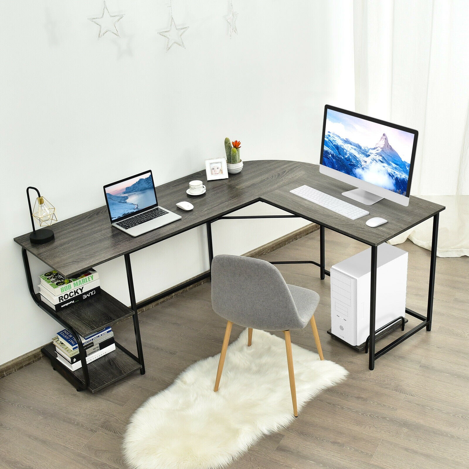 Reversible L-Shaped Computer Study Table with Shelves-Gray