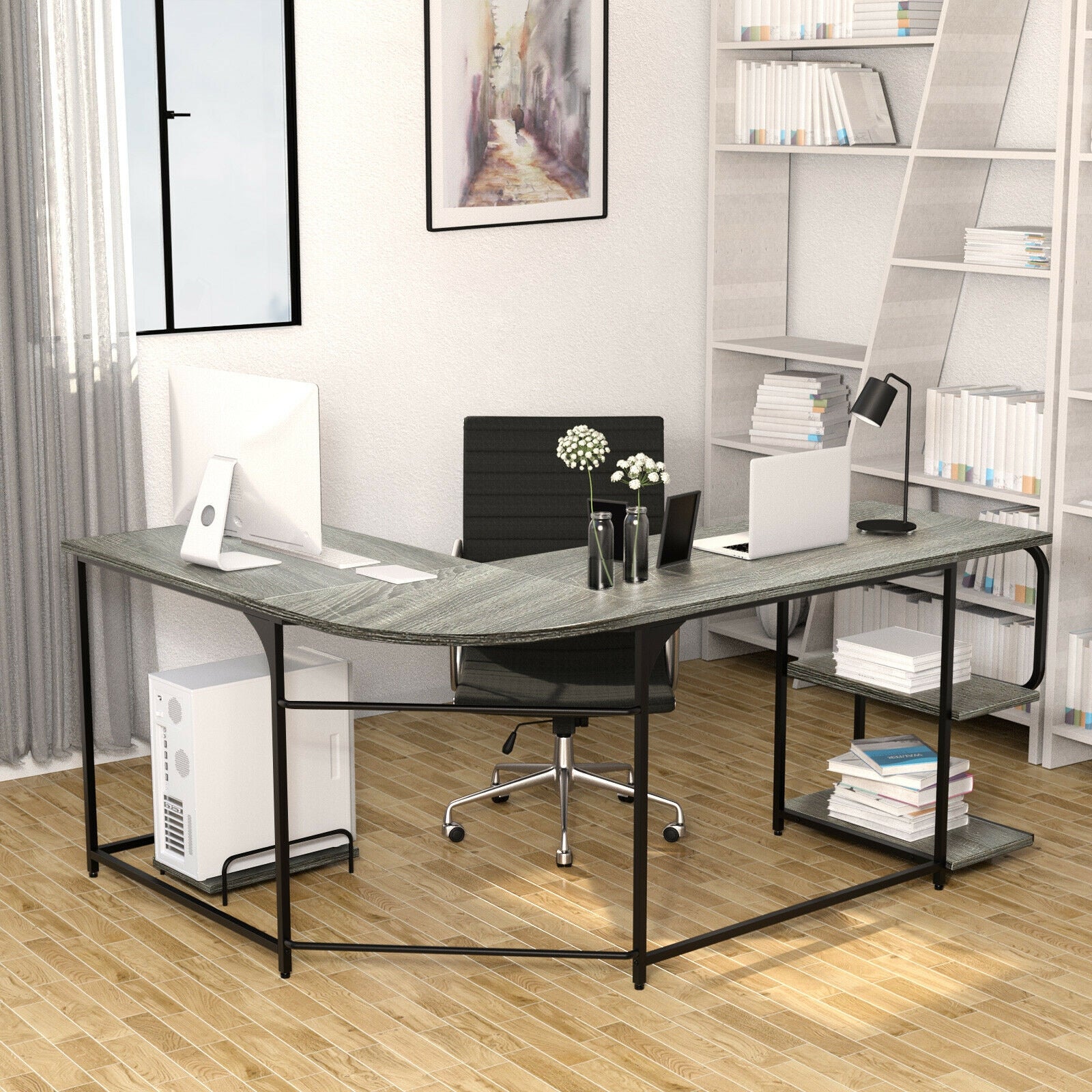 Reversible L-Shaped Computer Study Table with Shelves-Gray