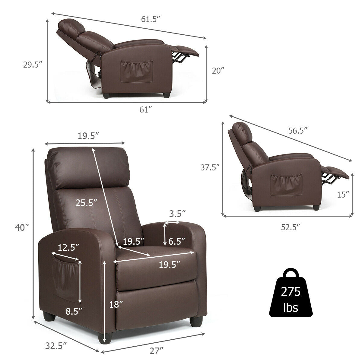 Recliner Sofa Wingback Chair with Massage Function-BrownÂ 