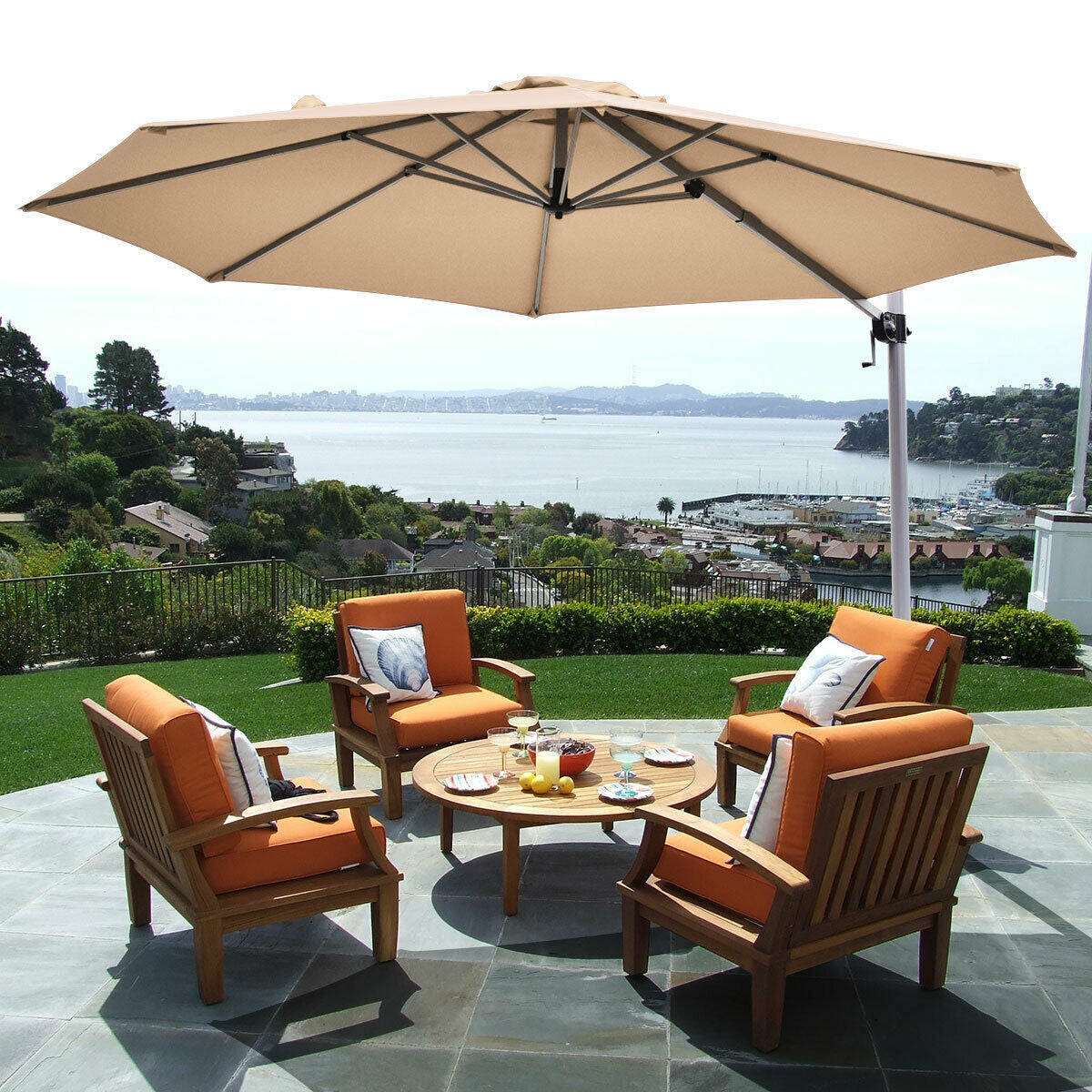 11 Feet Patio Offset Cantilever Umbrella 360° Rotation Aluminum Tilt-Beige