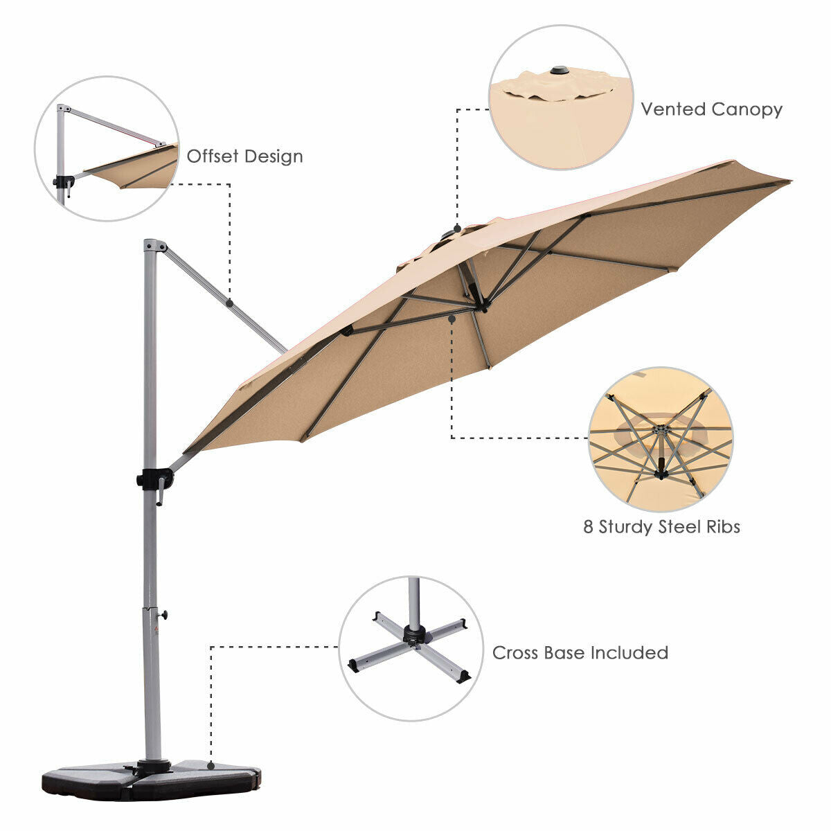 11 Feet Patio Offset Cantilever Umbrella 360° Rotation Aluminum Tilt-Beige