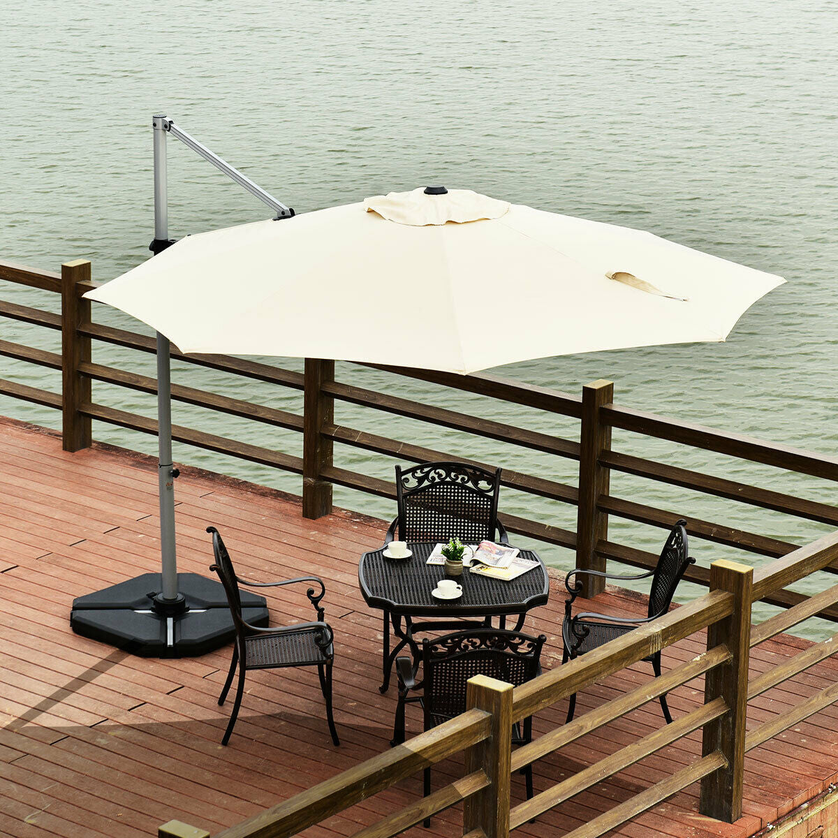 11 Feet Patio Offset Cantilever Umbrella 360° Rotation Aluminum Tilt-Beige