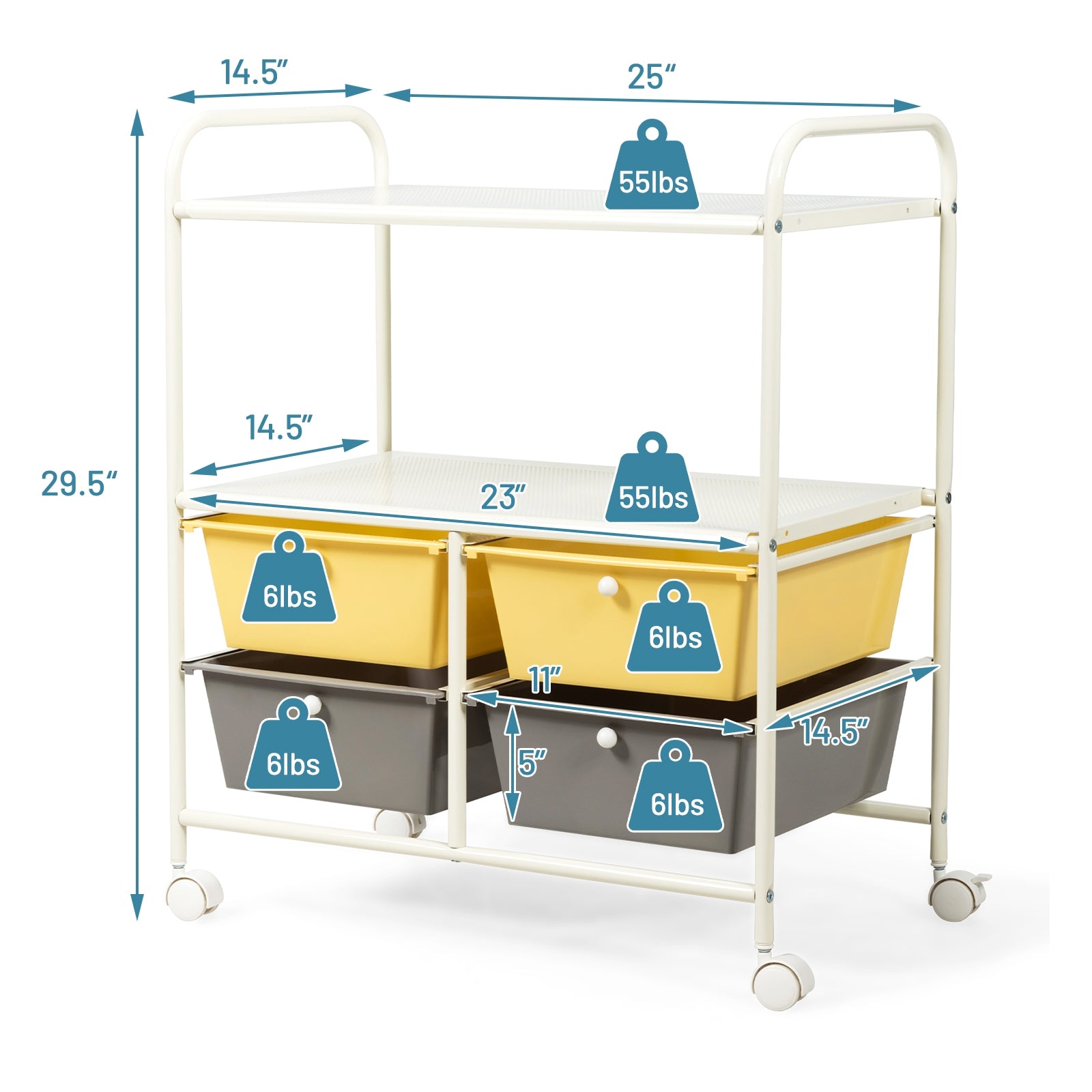 4 Drawers Shelves Rolling Storage Cart Rack-YellowÂ 