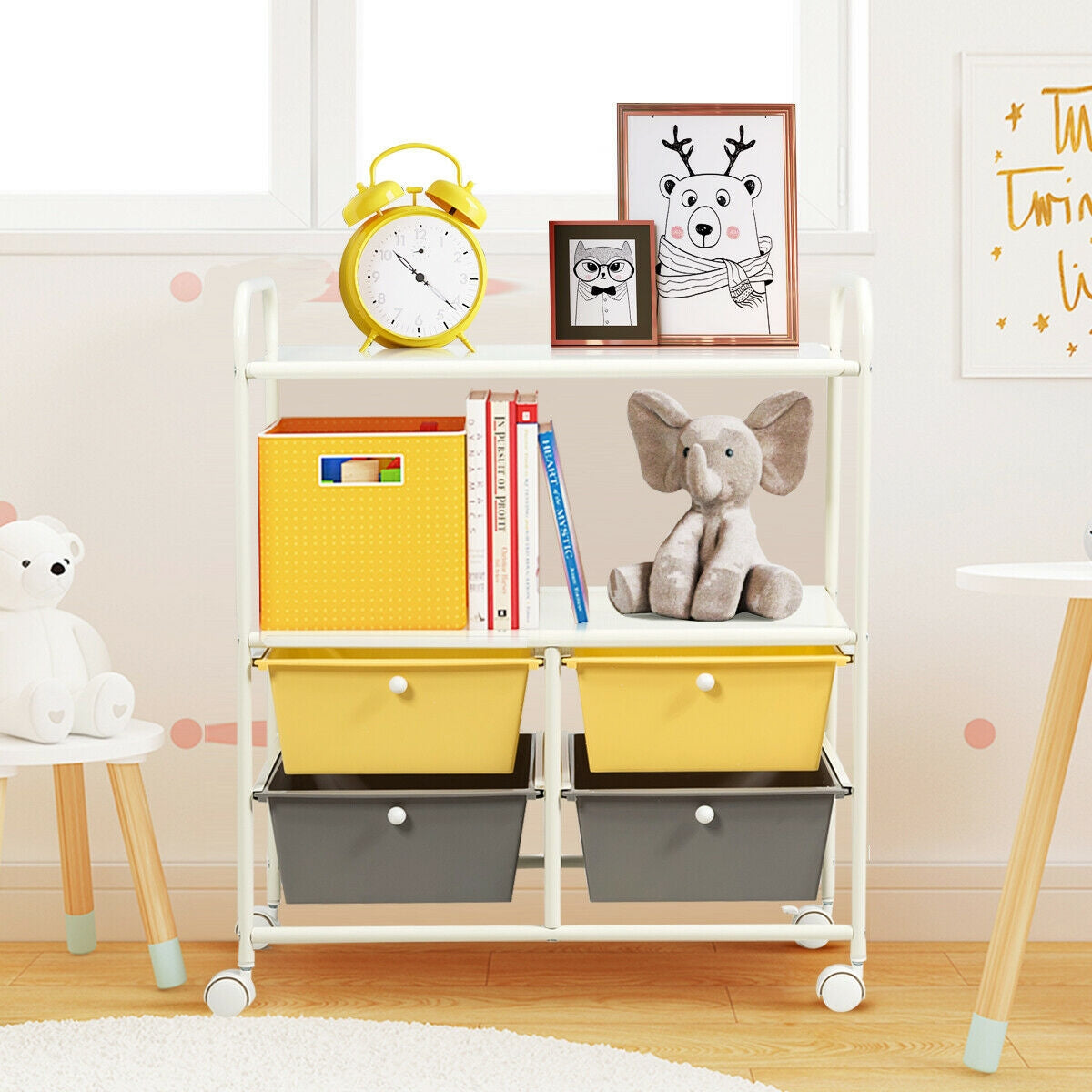 4 Drawers Shelves Rolling Storage Cart Rack-YellowÂ 