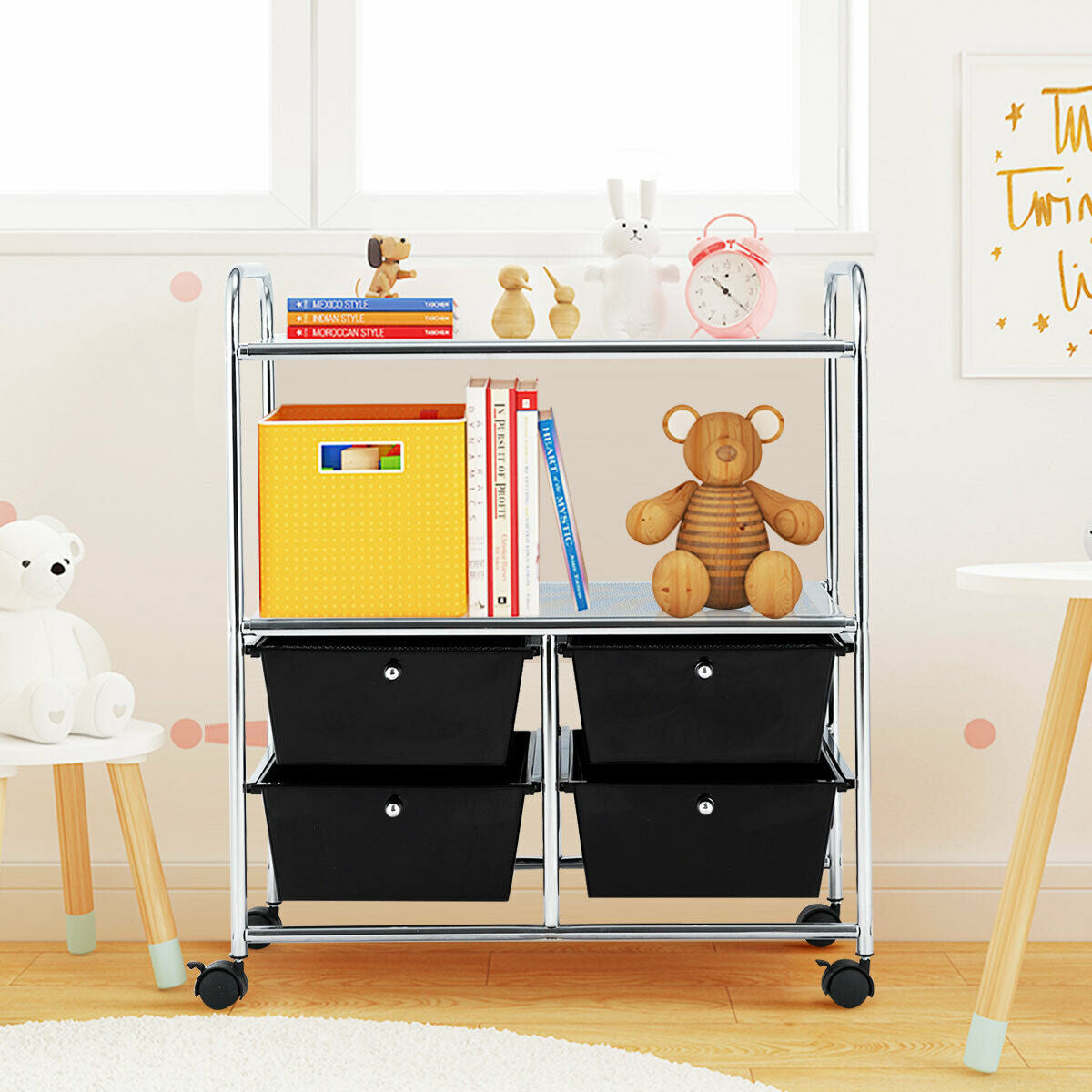 4 Drawers Shelves Rolling Storage Cart Rack-Black