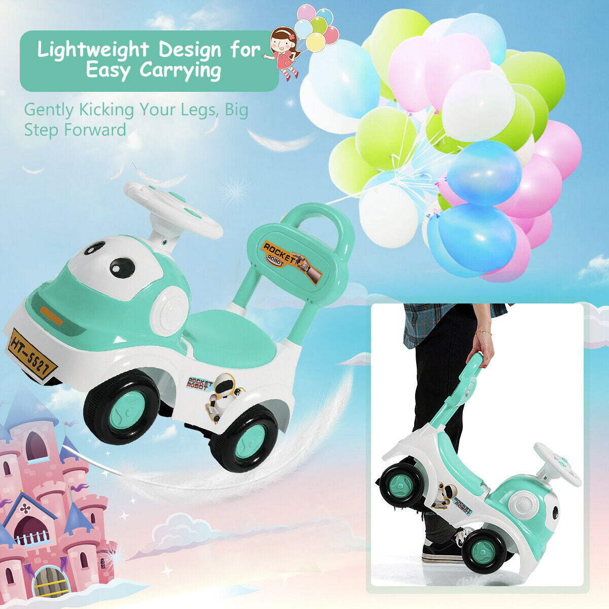 3-in-1 Baby Walker Sliding Pushing Car with Sound Function-Green