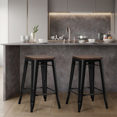 Set of 2 Counter Height Backless Stool with Wooden Seat-BlackÂ 