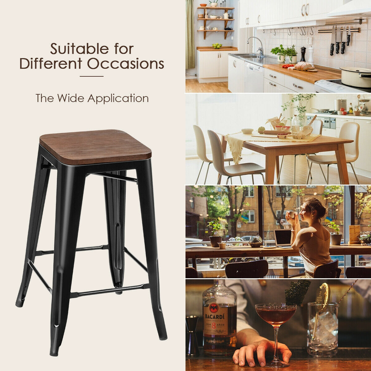 Set of 2 Counter Height Backless Stool with Wooden Seat-Black