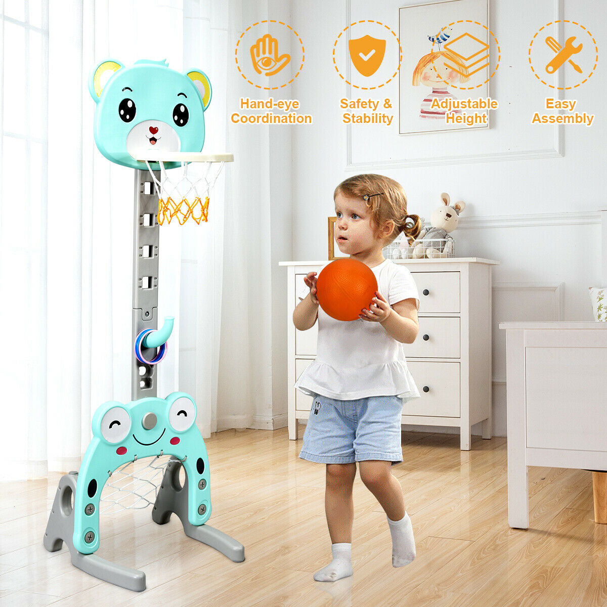 Adjustable Kids 3-in-1 Basketball Hoop Set Stand with BallsÂ 