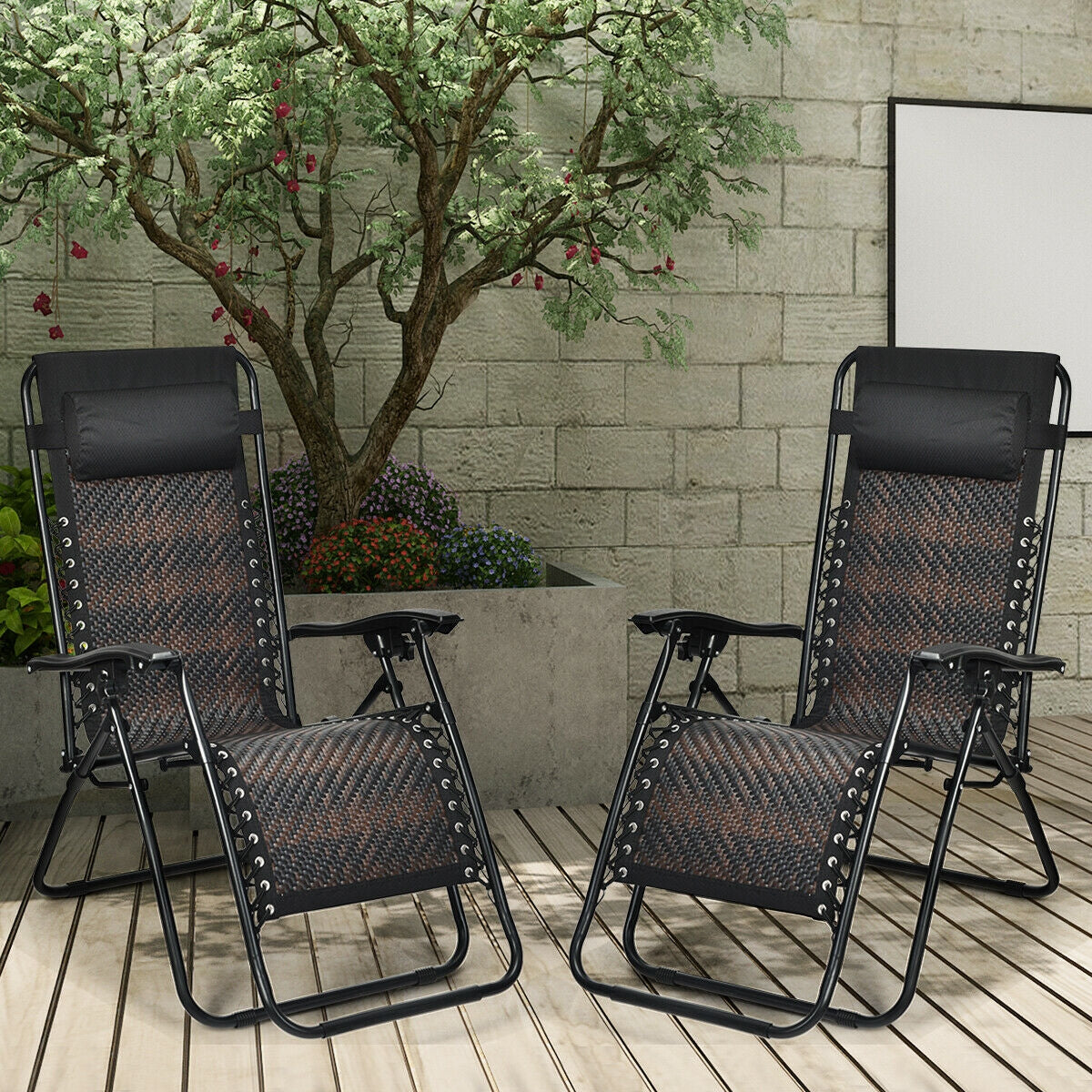 2 Pieces Folding Patio Rattan Zero Gravity Lounge Chair-Brown