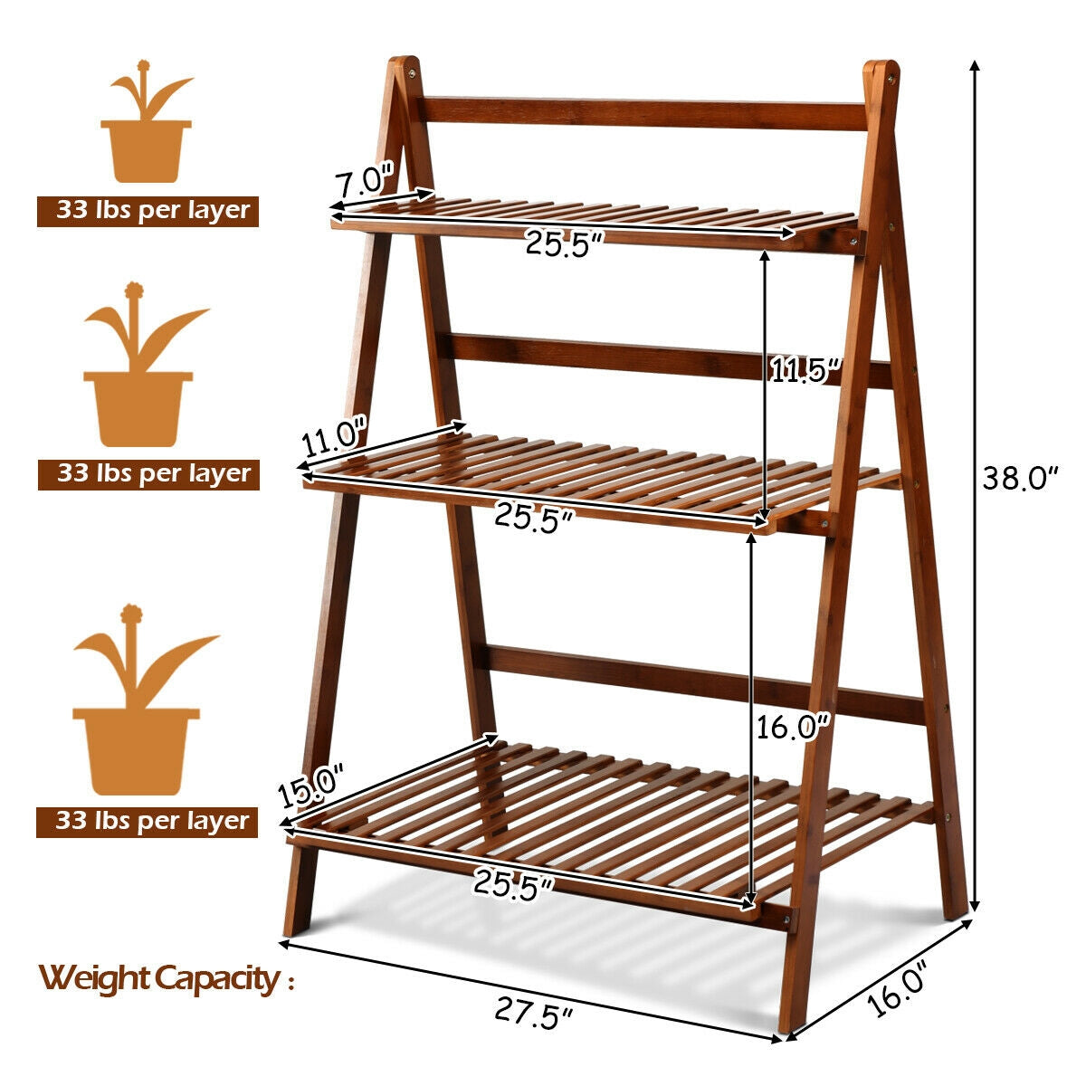 3-tier Folding Bamboo Flower Shelf  -BrownÂ 