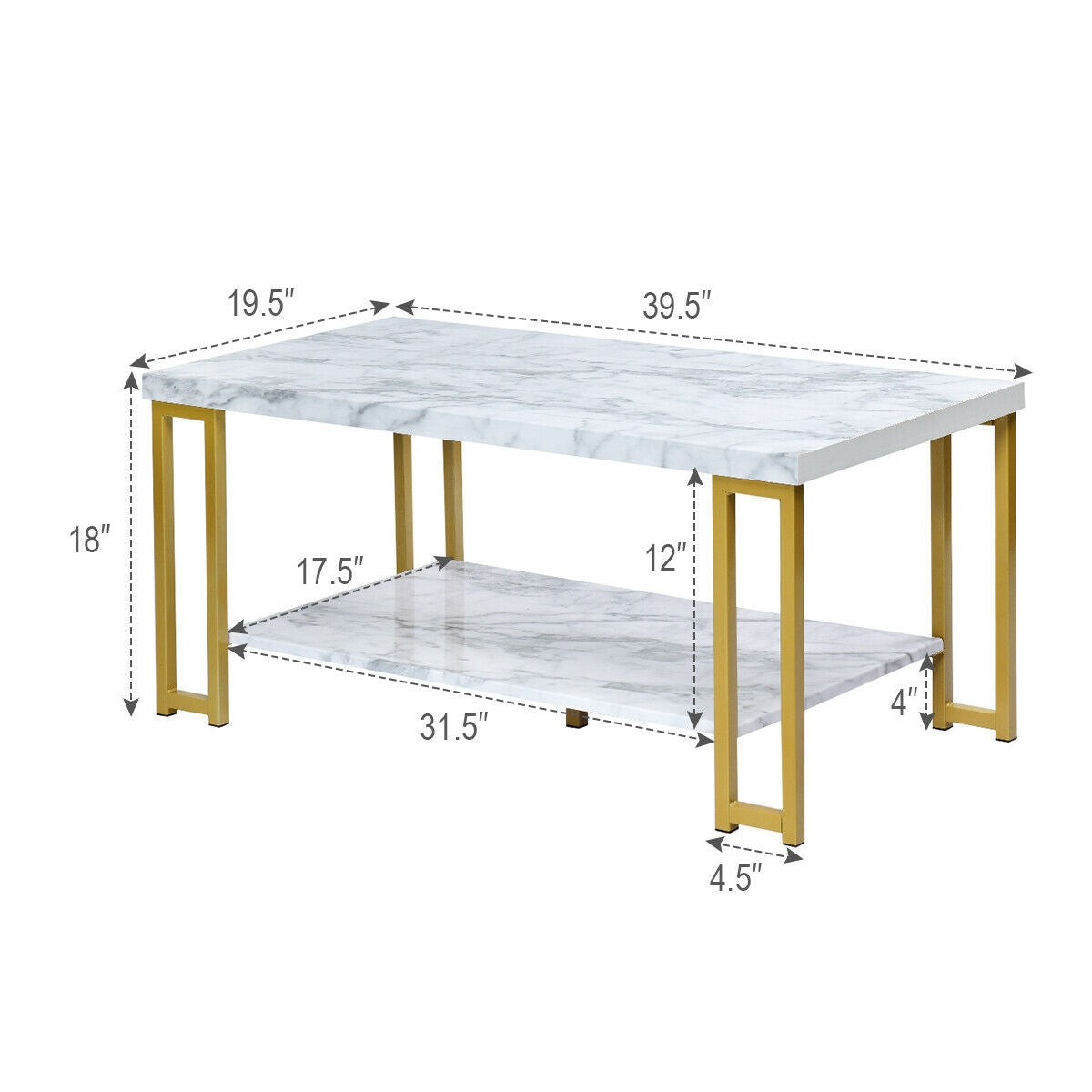 2-Tier Rectangular Modern Coffee Table with Gold Print Metal FrameÂ 