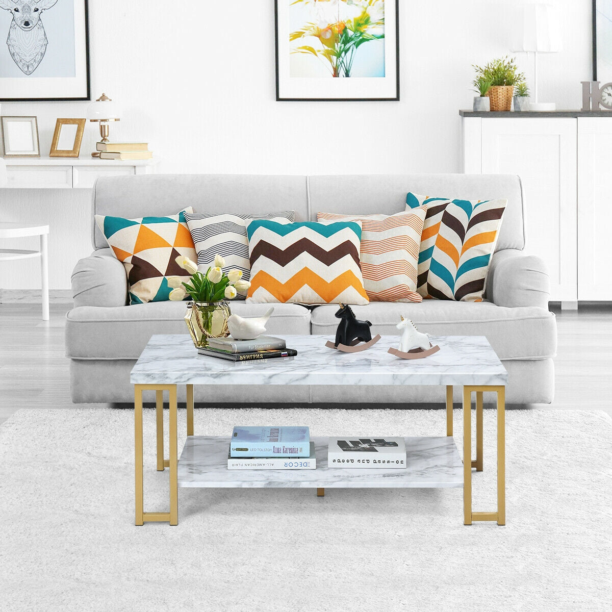 2-Tier Rectangular Modern Coffee Table with Gold Print Metal FrameÂ 