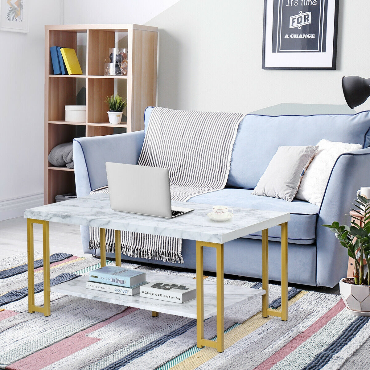 2-Tier Rectangular Modern Coffee Table with Gold Print Metal FrameÂ 