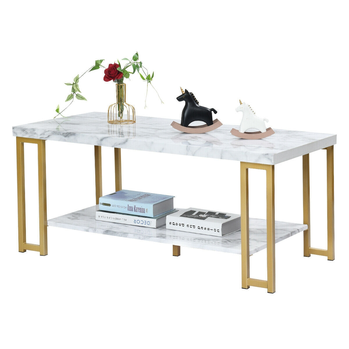 2-Tier Rectangular Modern Coffee Table with Gold Print Metal FrameÂ 