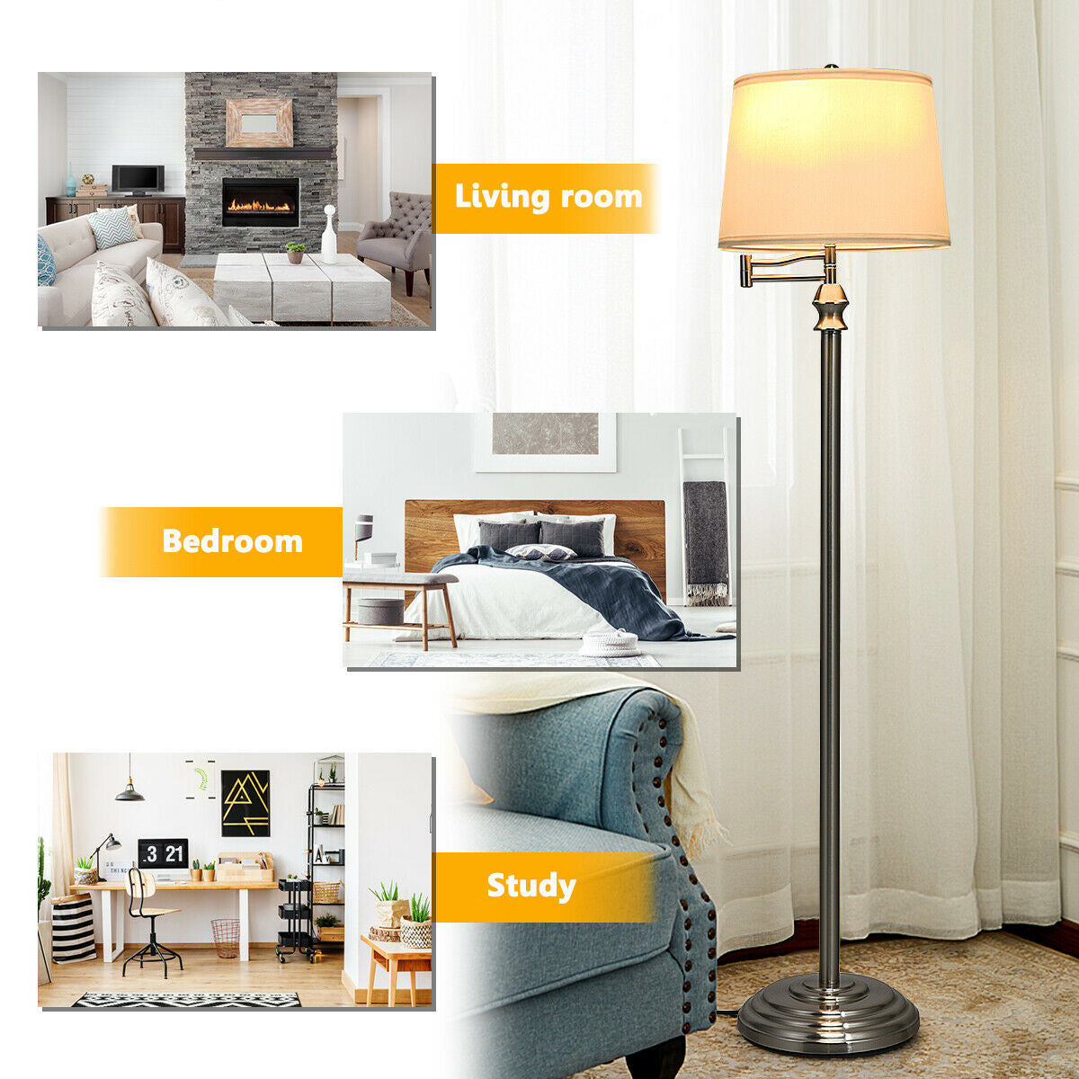 Swing Arm LED Floor Lamp with Hanging Fabric Shade