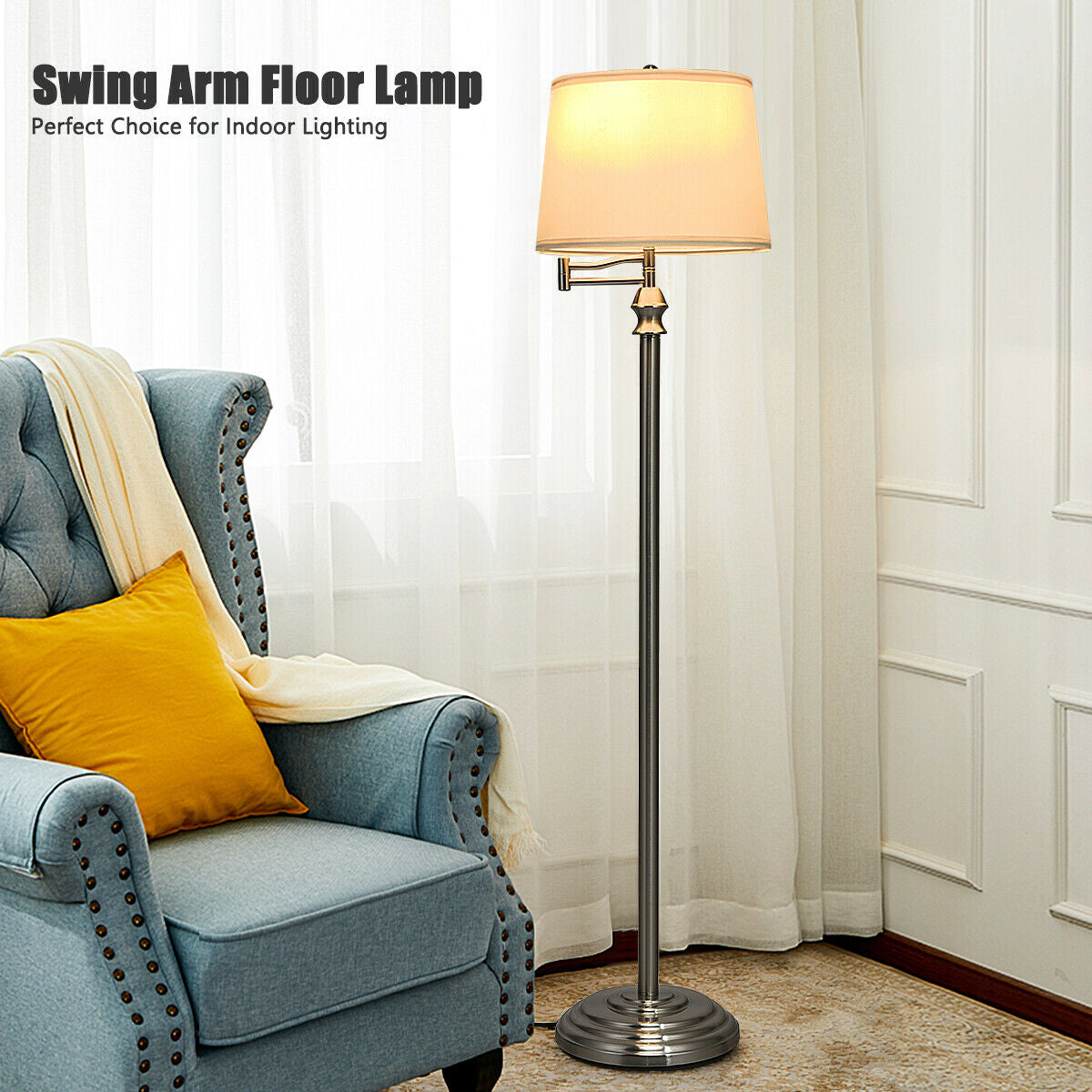 Swing Arm LED Floor Lamp with Hanging Fabric Shade