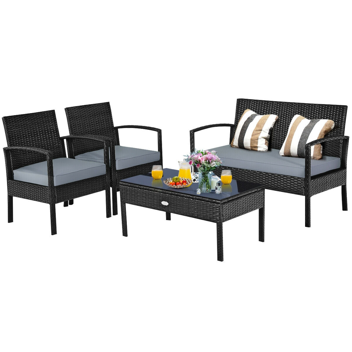 4 Pieces Patio Rattan Cushioned Furniture Set with Loveseat and Table-Black