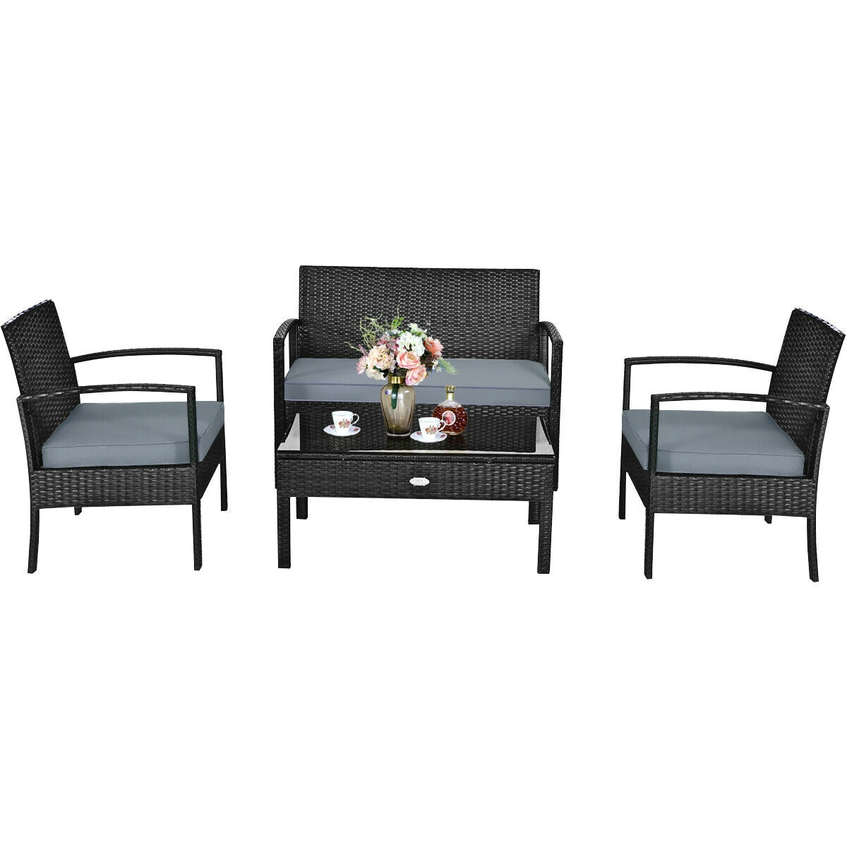 4 Pieces Patio Rattan Cushioned Furniture Set with Loveseat and Table-Black