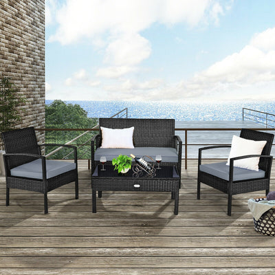 4 Pieces Patio Rattan Cushioned Furniture Set with Loveseat and Table-BlackÂ 