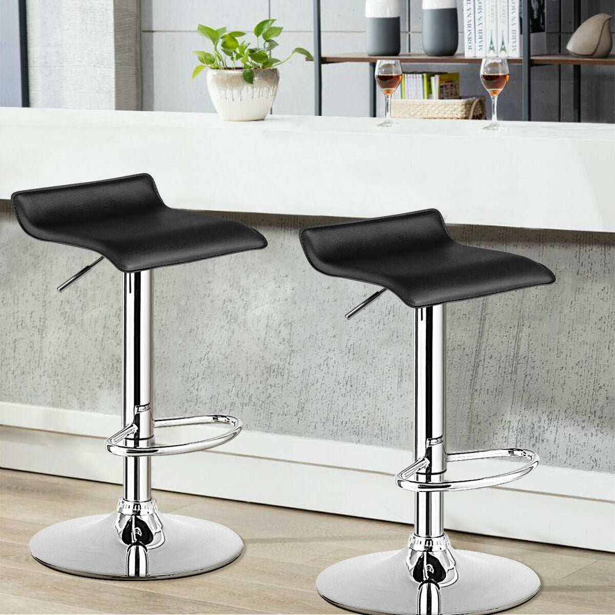 Set of 2 Adjustable PU Leather Backless Bar Stools-Black