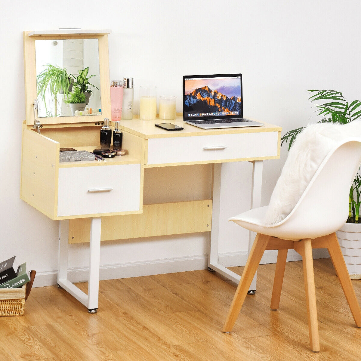 Makeup Table Writing Desk with Flip Top Mirror