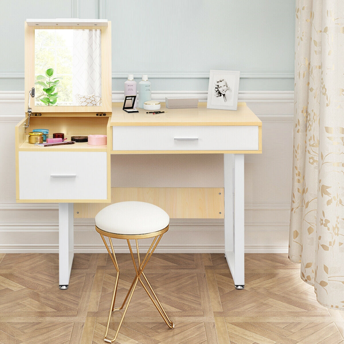 Makeup Table Writing Desk with Flip Top Mirror