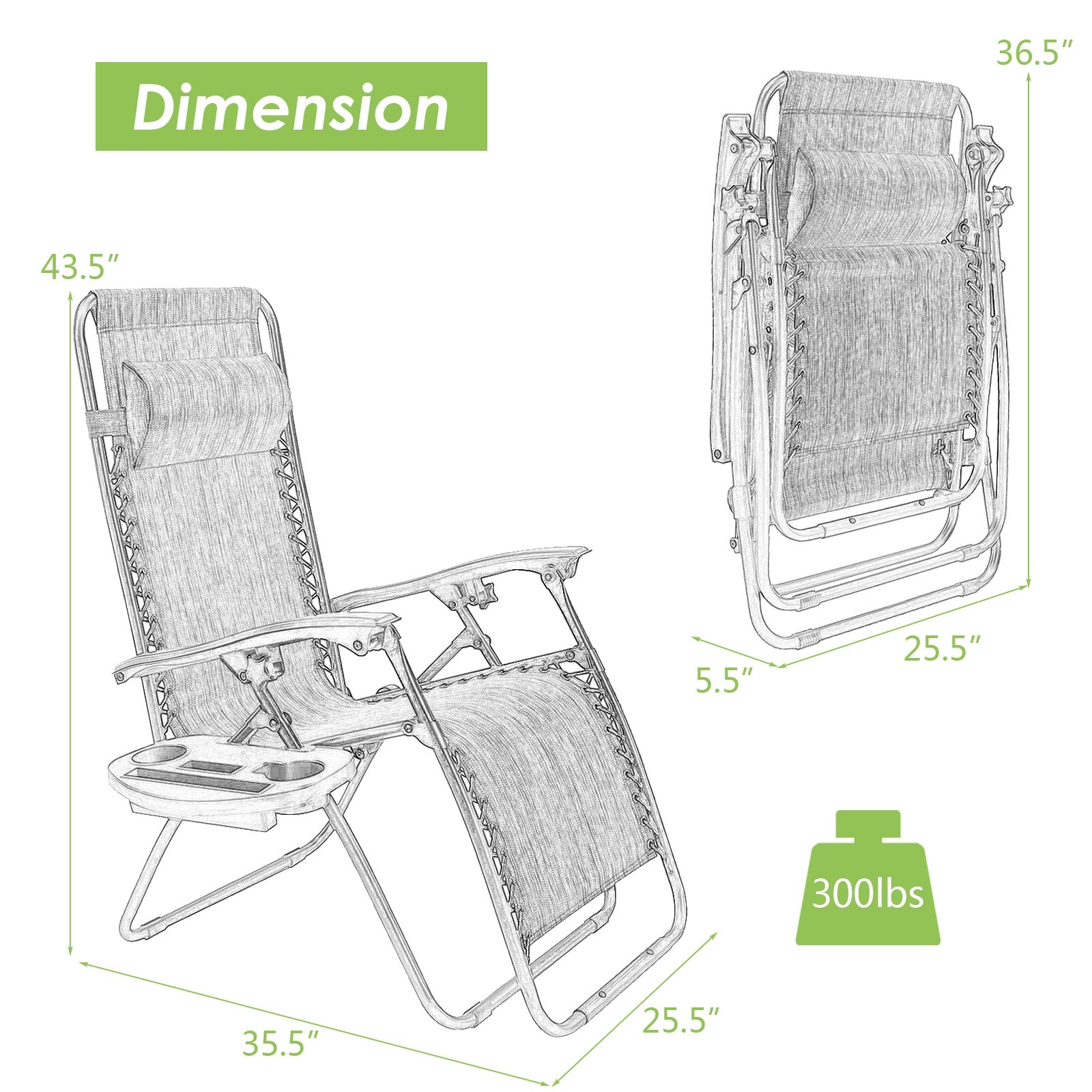 Outdoor Folding Zero Gravity Reclining Lounge Chair with Utility Tray-Green