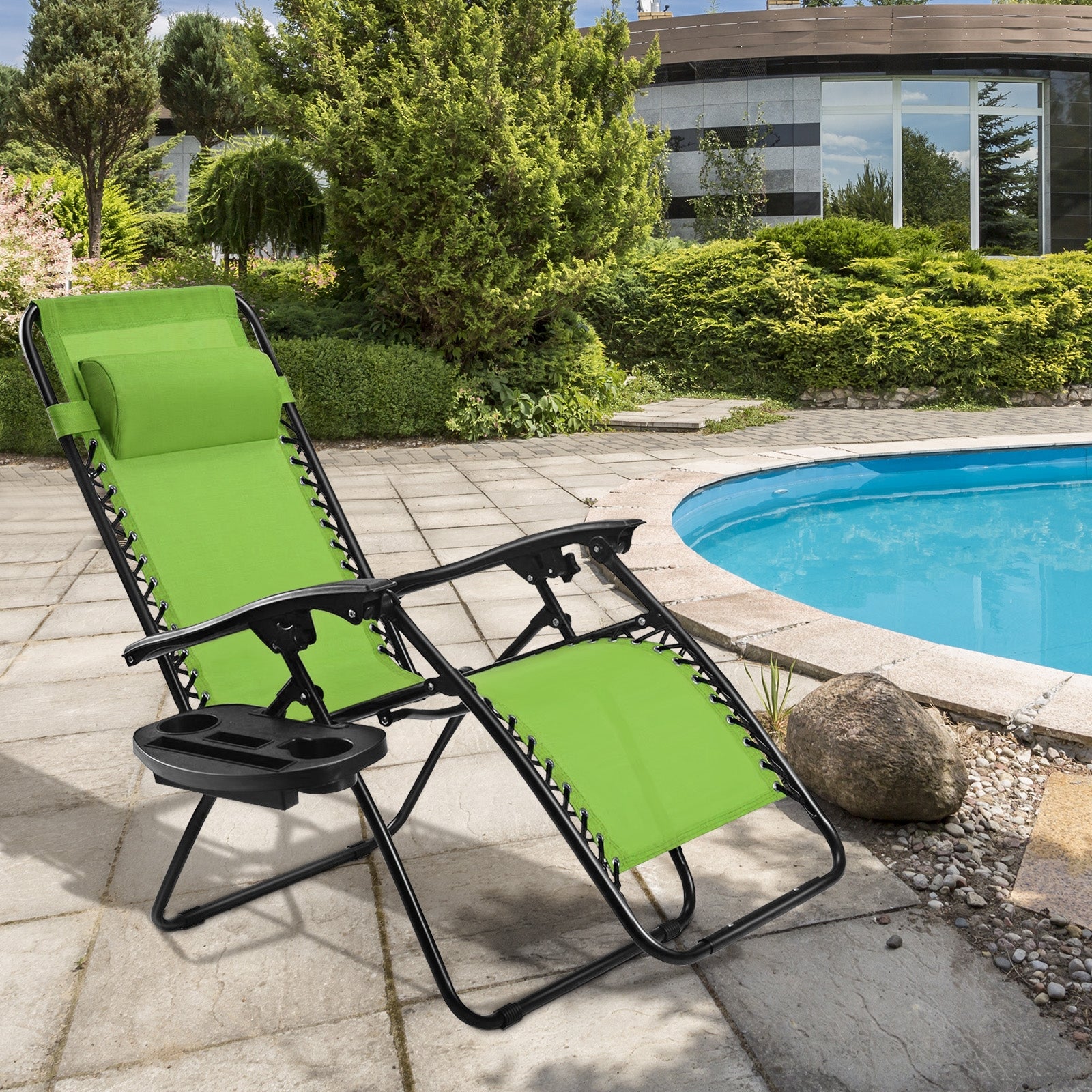 Outdoor Folding Zero Gravity Reclining Lounge Chair with Utility Tray-Green