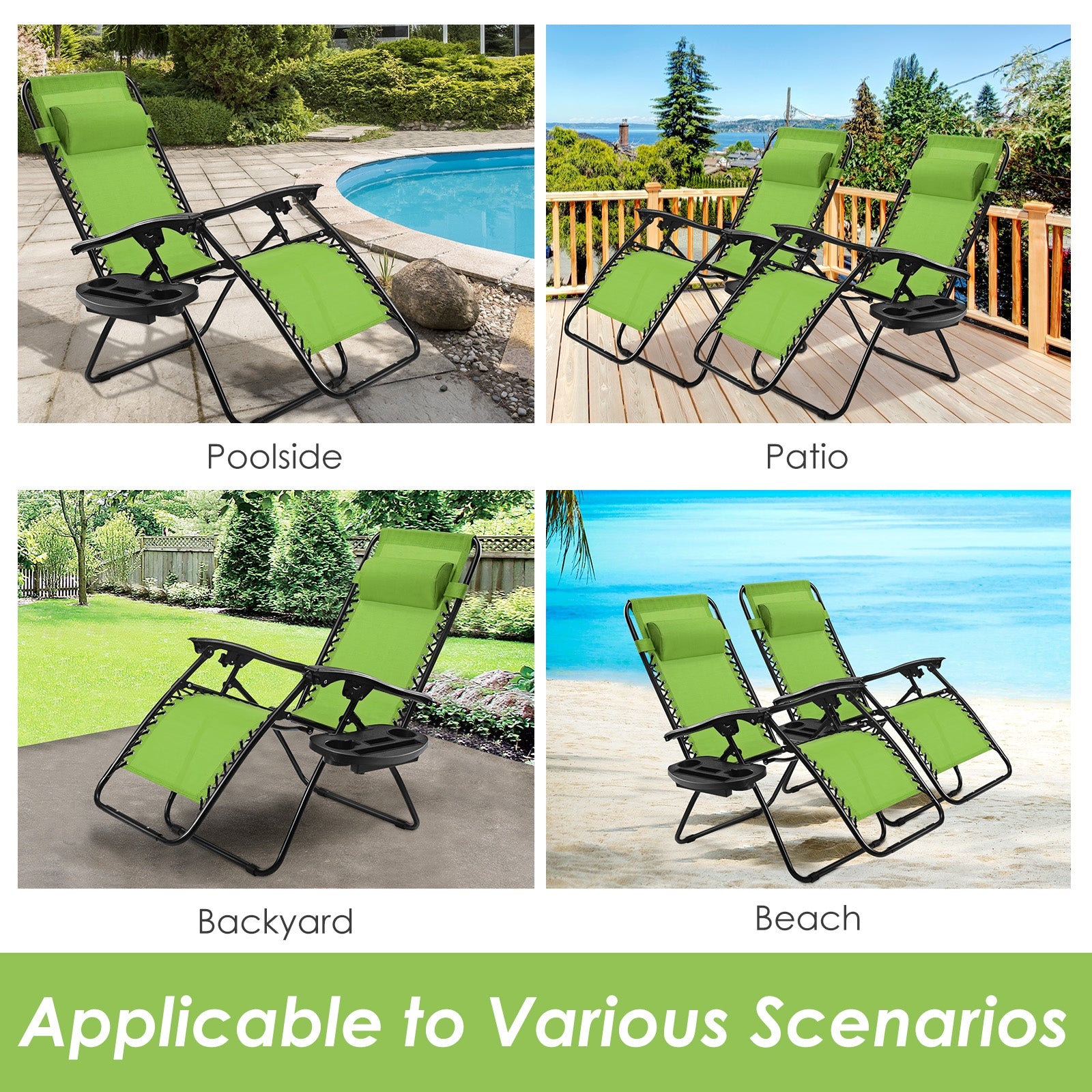 Outdoor Folding Zero Gravity Reclining Lounge Chair with Utility Tray-Green