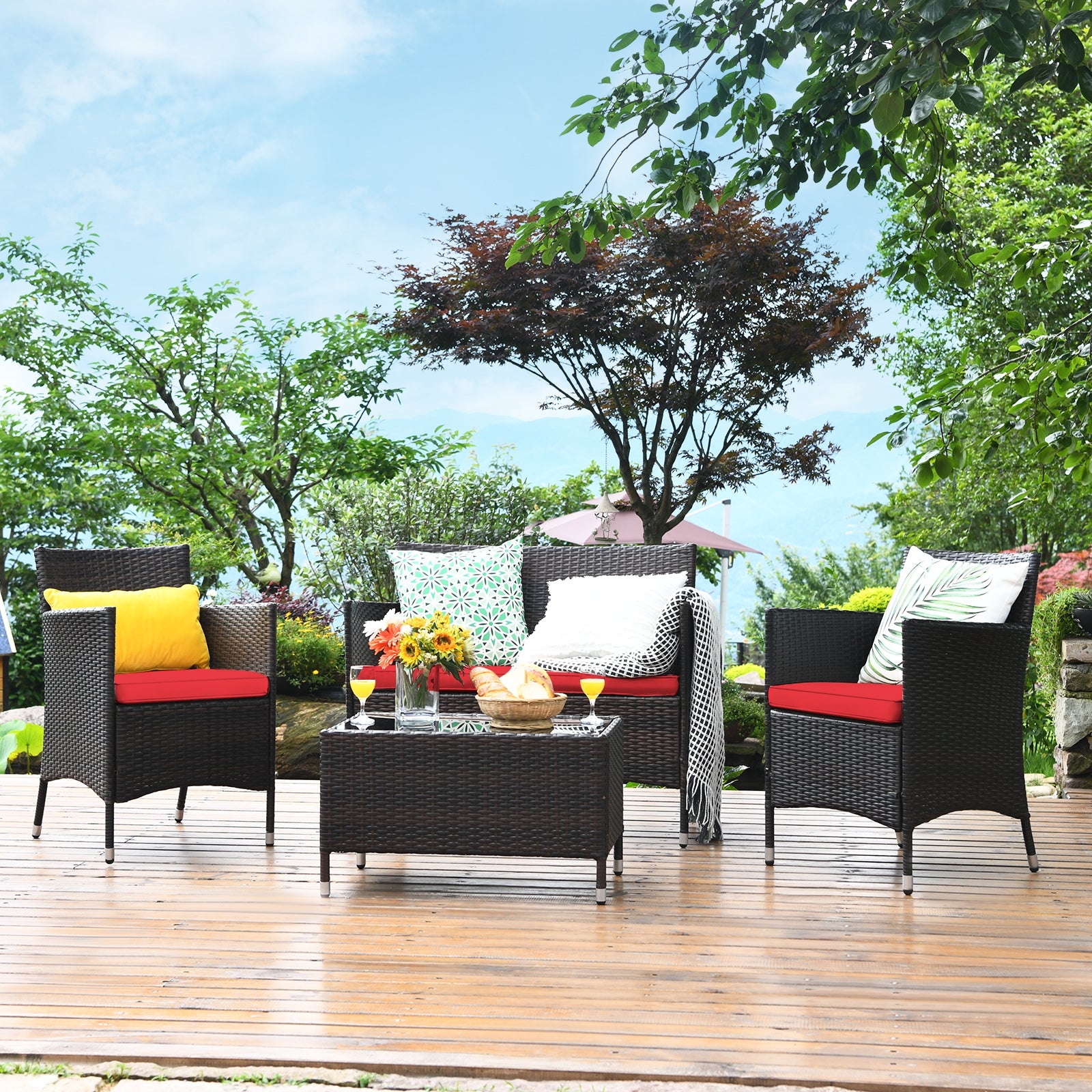 4 Pieces Comfortable Rattan Outdoor Conversation Furniture Set with Glass Table-Red