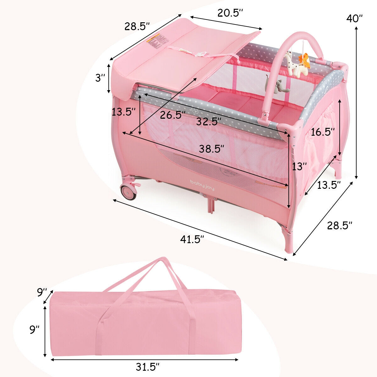 Foldable Safety  Baby Playard for Toddler Infant with Changing Station-Pink