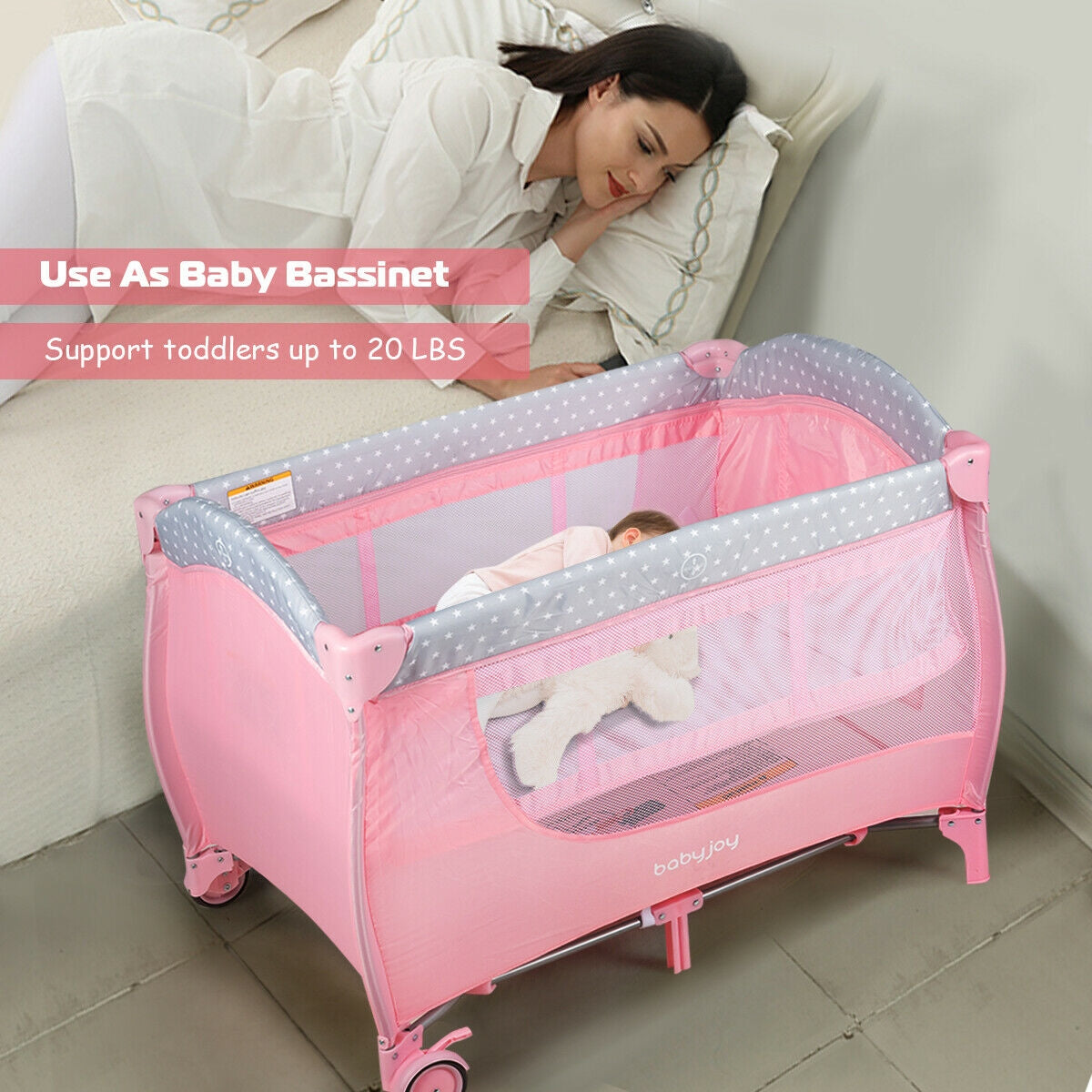 Foldable Safety  Baby Playard for Toddler Infant with Changing Station-Pink