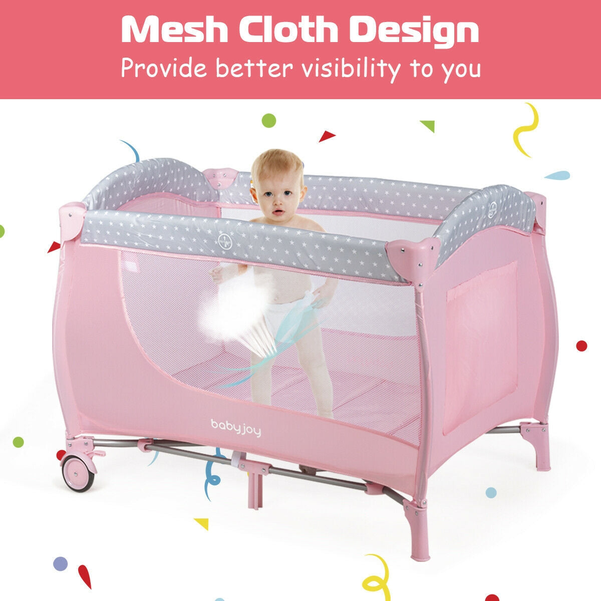 Foldable Safety  Baby Playard for Toddler Infant with Changing Station-Pink