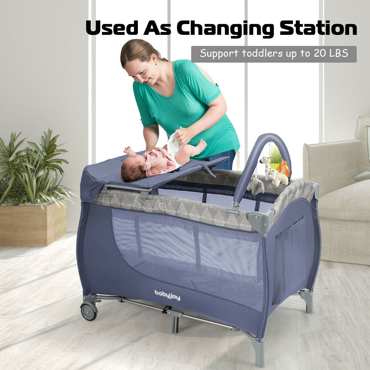 Foldable Safety  Baby Playard for Toddler Infant with Changing Station-Gray