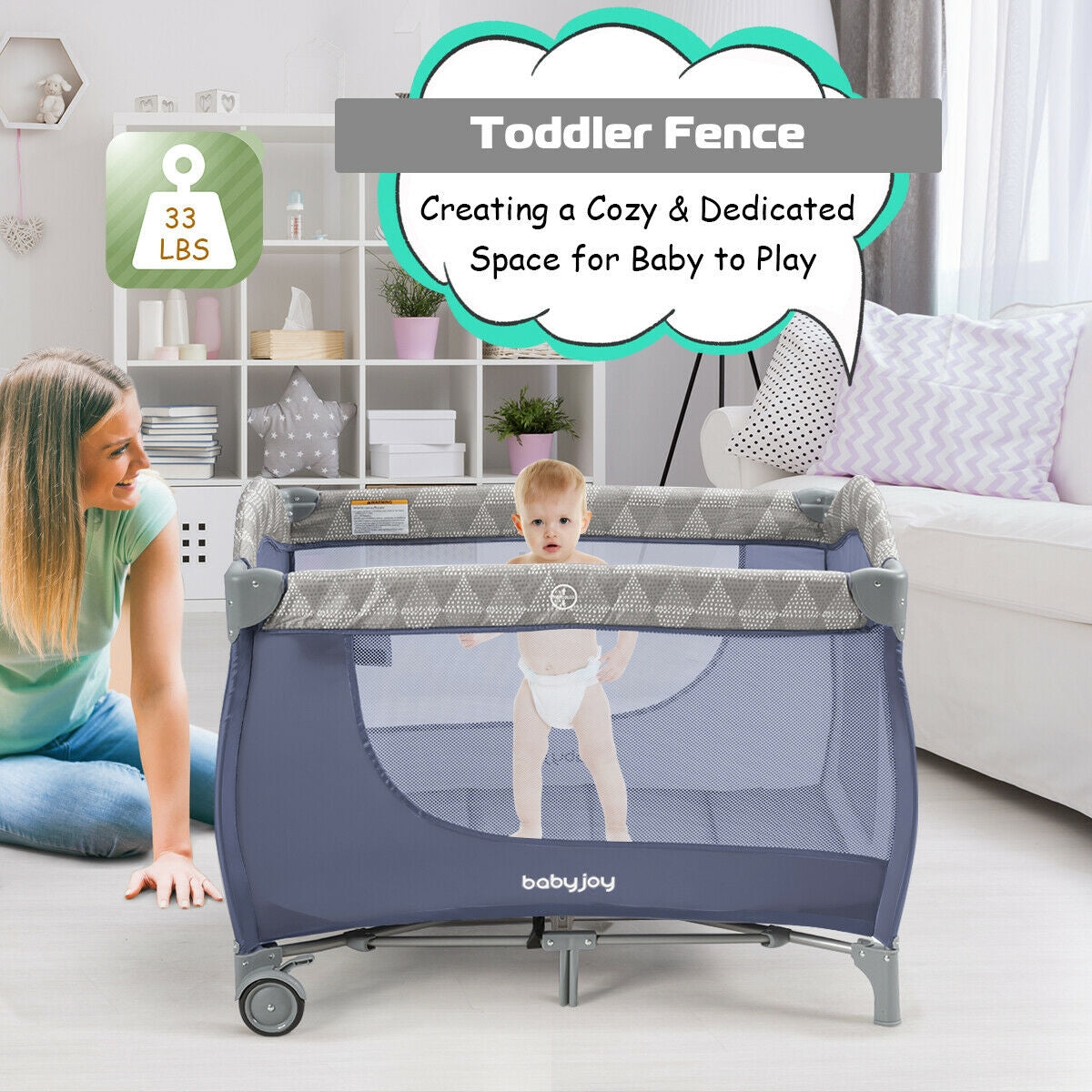 Foldable Safety  Baby Playard for Toddler Infant with Changing Station-GrayÂ 