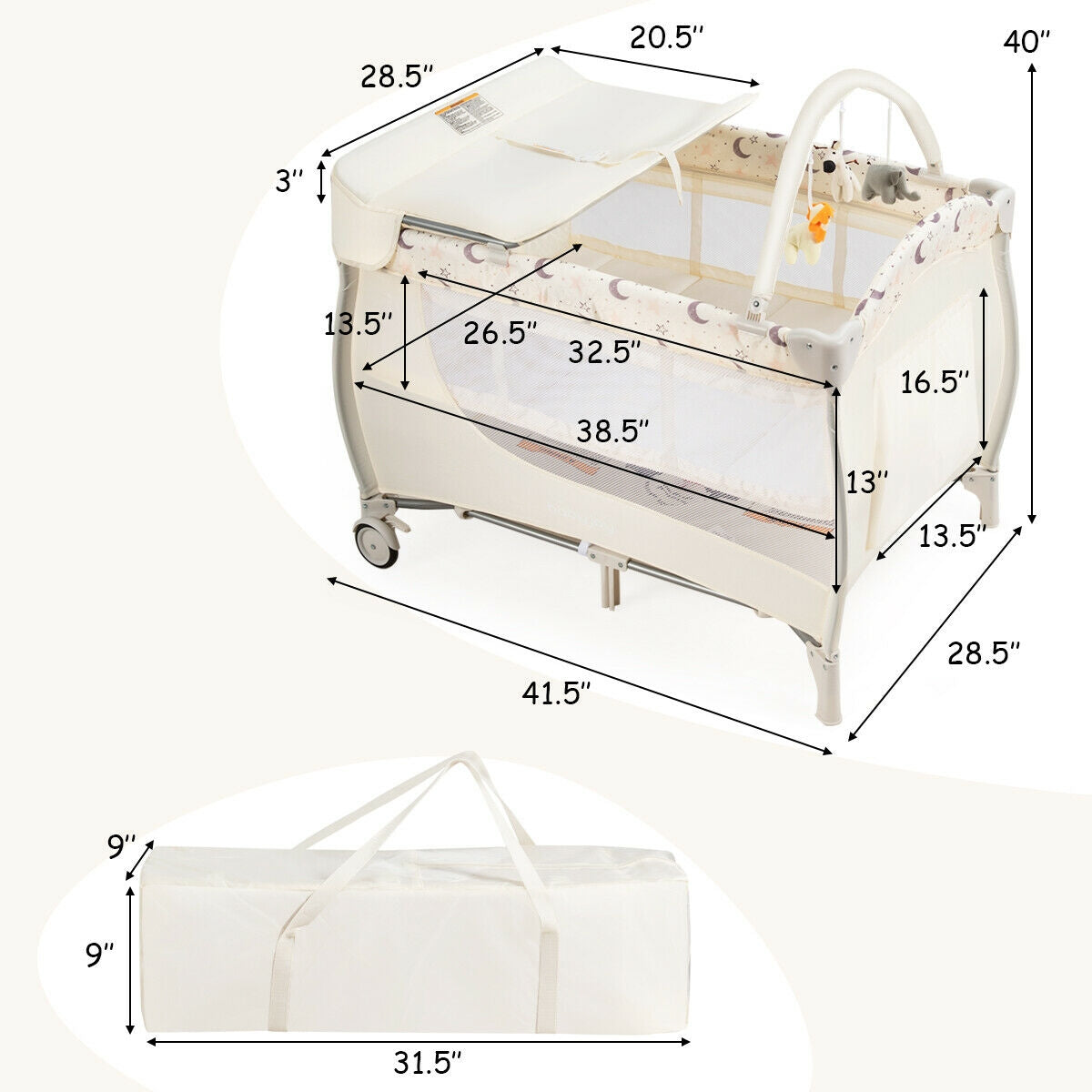 Foldable Safety  Baby Playard for Toddler Infant with Changing Station-Beige