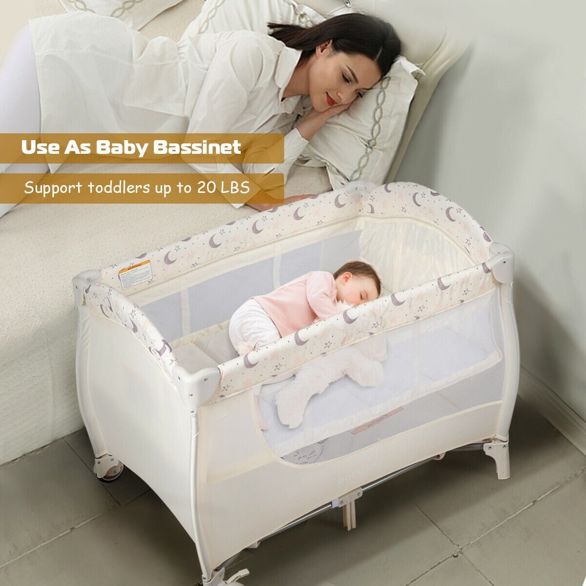 Foldable Safety  Baby Playard for Toddler Infant with Changing Station-Beige