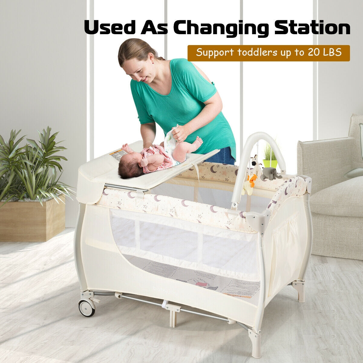 Foldable Safety  Baby Playard for Toddler Infant with Changing Station-BeigeÂ 