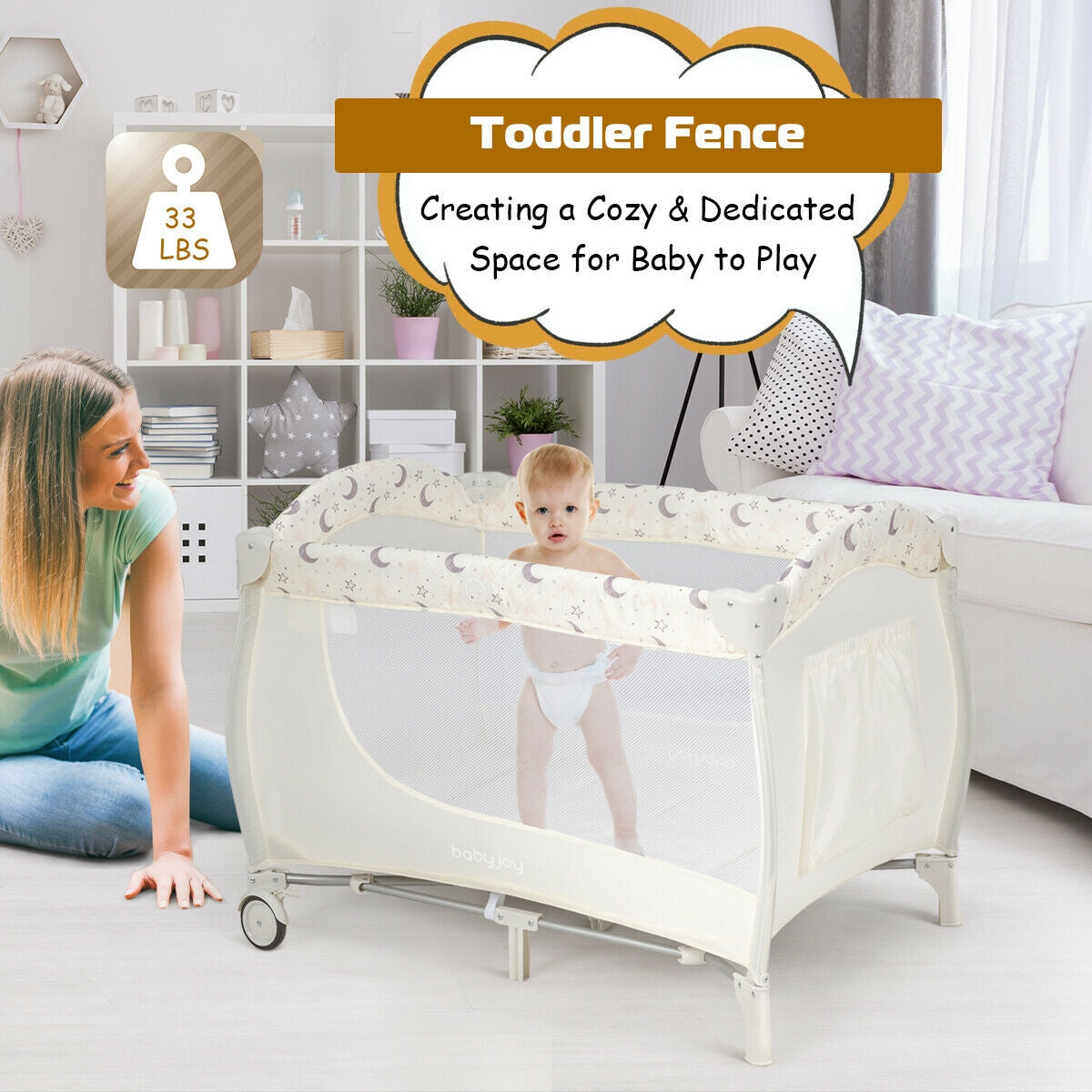 Foldable Safety  Baby Playard for Toddler Infant with Changing Station-Beige